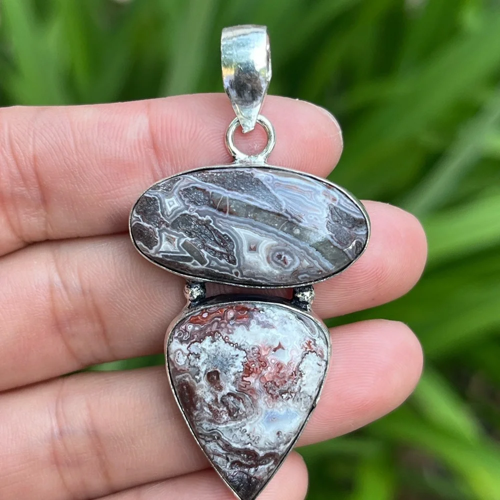 925 silver plated‎ crazy lace agate pendant